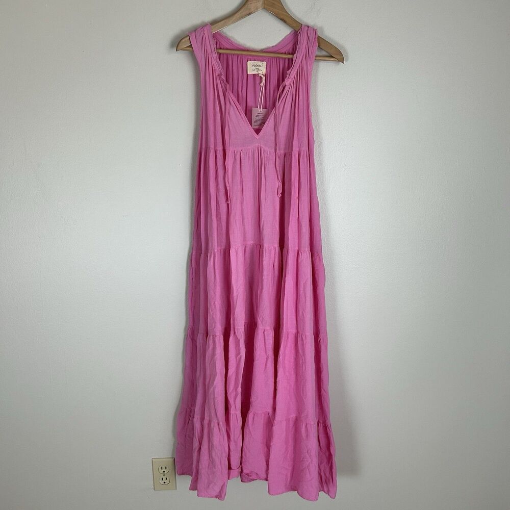 9 Seed Resort Lighthouse Dress M/L Pink Tiered Midi Long Sleeveless Shift V-neck